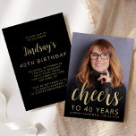 Convite Festa de aniversário de 40 anos de Animação de Fot<br><div class="desc">A frente deste convite para aniversário de 40 anos apresenta a foto do convidado de honra com uma camada de texto dourada. A palavra "torcida" aparece num elegante roteiro de caligrafia dourada, seguido de "até 40 anos" e do nome e aniversário do convidado de honra em sans serif font. Uma...</div>