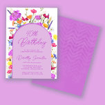 Convite Festa de aniversário de 40 anos de Bicho de Flor S<br><div class="desc">Um arco de Boho roxo rodeia seus detalhes de aniversário de 40 anos. Flores silvestres coloridas adicionam um toque floral em roxo, amarelo alaranjado e vermelho. A escrita moderna também em roxo adiciona uma vibração de tendência que também é feminina. O dorso é roxo profundo com um sutil padrão de...</div>