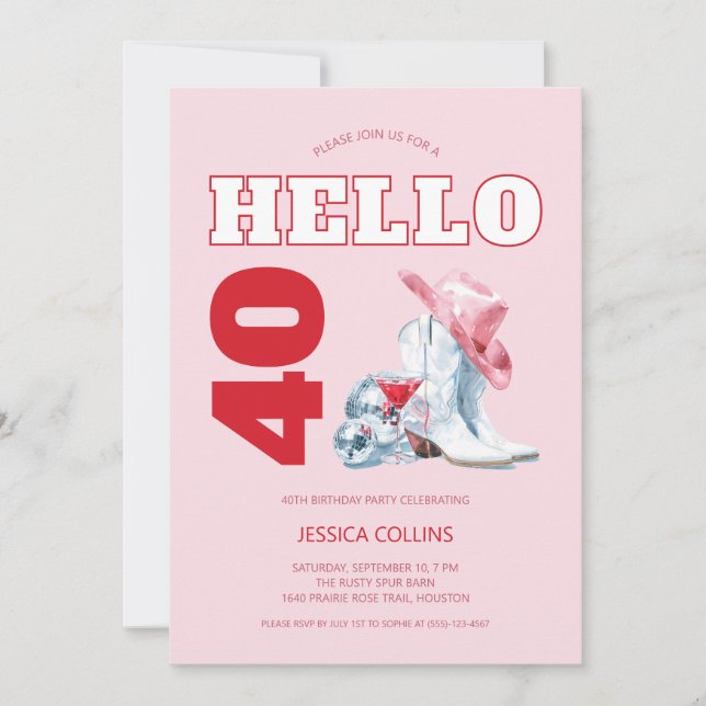 Convite Festa de aniversário de 40 anos de Disco de Cowgir (Frente)