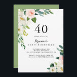 Convite Festa de aniversário de 40 anos de Folhagem Verde<br><div class="desc">Este simples convite de festas de folhagem verde floral é perfeito para uma festa de aniversário moderna. A design apresenta rosas brancos,  cor-de-rosa e pincéis pintados à mão,  embutidos em folhagem verde,  inspiradora beleza artística.</div>