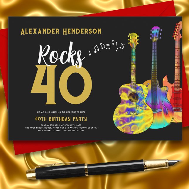 Convite Festa de aniversário de 40 anos de Música de Violã (Rock ad roll black and gold 50th birthday party invitation with psychedelic guitars and music)