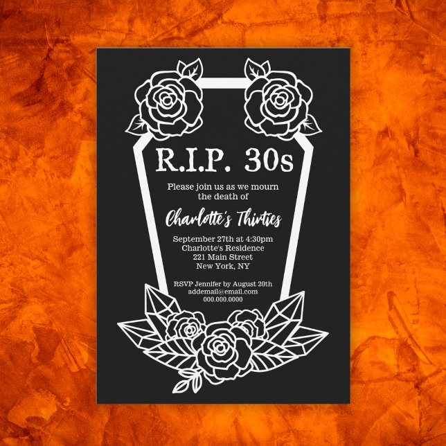 Convite Festa de aniversário de 40 anos de Rosa de de de   (Rip 30s Black Roses Coffin 40th Birthday Party Invitation
)