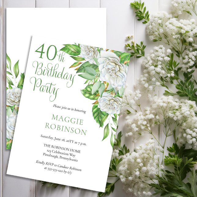 Convite Festa de aniversário de 40 anos de Rosas Brancas E (Elegant Watercolor White Roses and Greenery 40th Birthday Party Invitation - Print | Download)