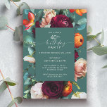 Convite Festa de aniversário de 40 anos de Teal Floral Mod<br><div class="desc">Um convite de aniversário floral de outono moderno numa paleta de cor rica em tons de joias de cor verde, vermelho burgundy, laranja russet, e rosa pincelado cria uma bela borda floral ao redor do seu texto. Estas cores são frequentemente utilizadas desde o final do Verão até ao outono e...</div>
