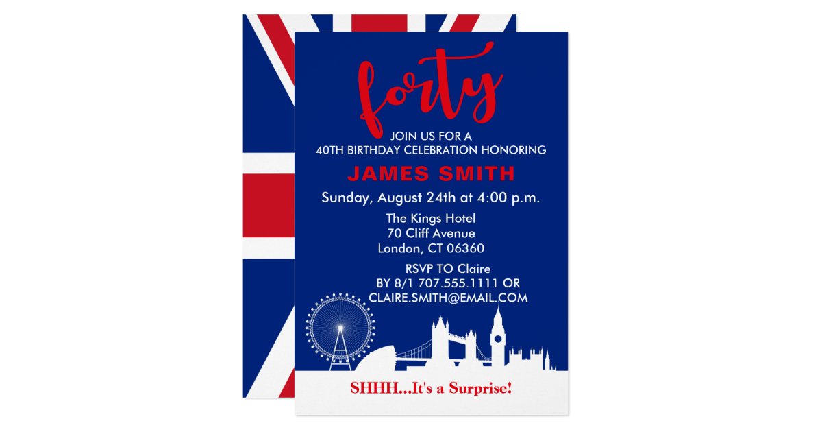 Convite Festa de aniversário de 40 anos de Tema Inglês | Zazzle.com.br