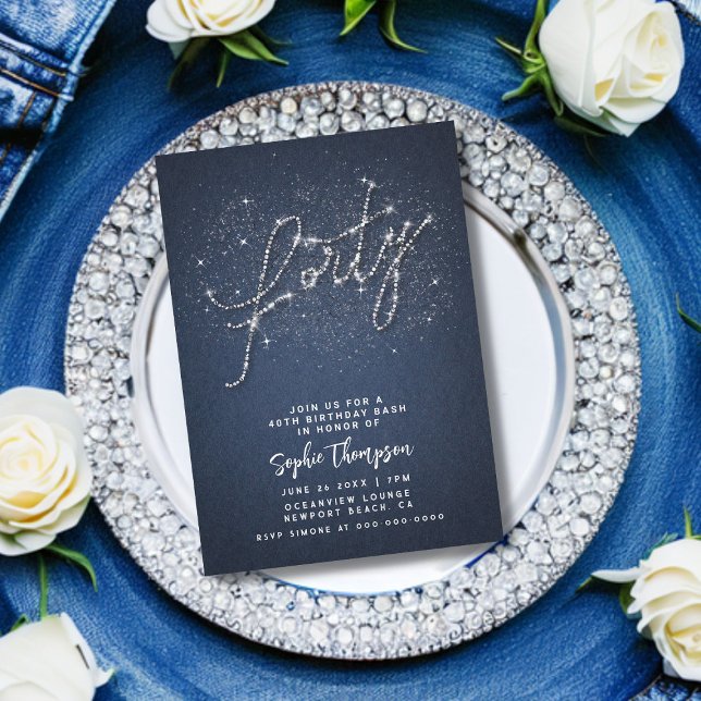 Convite Festa de aniversário de 40 anos Denim Diamantes da (denim and diamonds calligraphy 40th birthday party invitation classy glam bling glamour rhinestones )