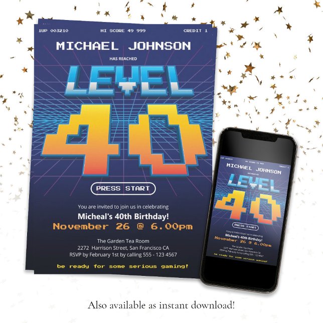 Convite Festa de aniversário de 40 anos do Funny Retro 80s (40th Birthday Game Screen Retro 80s Fun Custom Invitation)