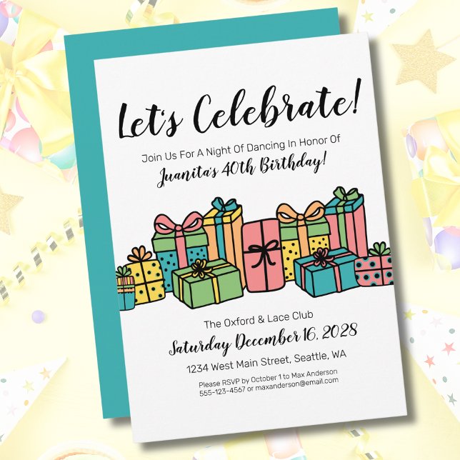 Convite Festa de aniversário de 40 anos Feliz Colorida (Cute Fun Presents Colorful Happy Birthday Party Invitation)