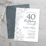 Convite Festa de aniversário de 40 anos Floral Branco Azul<br><div class="desc">Convite de festas Floral Branco de aniversário de 40 anos Chato Azul. Design minimalista moderno com desenhos botânicos em destaque e letra de script de tipografia. Simples trendy convida cartão perfeito para uma festa de na moda. Pode ser personalizado para qualquer idade. Impressos convites Zazzle ou modelo de impressão digital...</div>