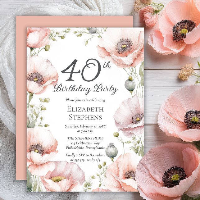 Convite Festa de aniversário de 40 anos Floral das Poppies (Boho Elegant Pale Pink Poppies Floral 40th Birthday Party Invitation - Print | Digital Download)
