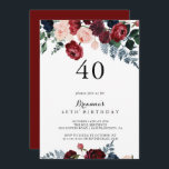 Convite Festa de aniversário de 40 anos Floral do Marinho<br><div class="desc">Este convite de festas floral de marinho cor-de-rosa-arrojado é perfeito para uma festa de aniversário rústica. O design apresenta cor-de-água rosa,  pincel,  marinho,  colheres azuis e burgundy,  rosas com folhagem verde que se juntam perfeitamente em buquês elegantes.</div>
