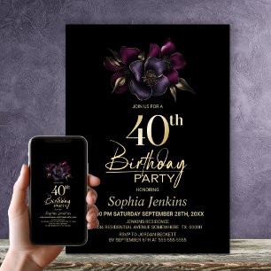 Convite Festa de aniversário de 40 anos Floral Rosa Preta