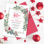 Convite Festa de aniversário de 40 anos Holly Floral de Ro<br><div class="desc">Um quadro de férias delicado e festivo contém rosas vermelhos e brancos aninhados em folhas sagradas e de eucalipto. O nome e o ano de aniversário da celebrante são escritos em um bonito vermelho. Perfeito para uma festa de aniversário de inverno. Fácil de personalizar.</div>