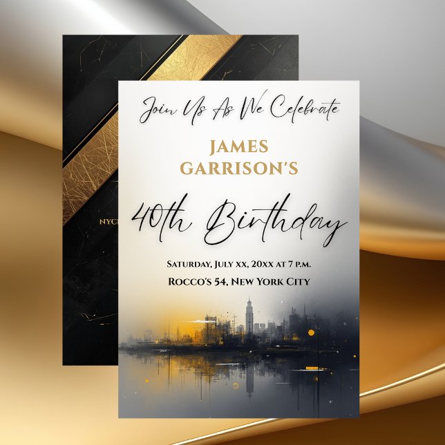 Convite Festa de Aniversário de 40 anos Moderna Preta com  (Modern 40th Birthday Party Black with Gold Invitation)