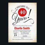 Convite Festa de aniversário de 40 anos - Preto Vermelho B<br><div class="desc">Convite de festas aniversário de 40 anos em preto branco vermelho com fundo retrocremoso. Saúde para 40 anos! Pode ser personalizado em qualquer ano. Envie-me uma mensagem se precisar de mais personalização.</div>