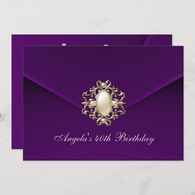 Convite Festa de Aniversário de 40 anos Royal Dark Plum Ve (Frente/Verso)