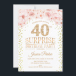 Convite Festa de aniversário de 40 anos surpresas - Cor-de<br><div class="desc">Convite de festas de aniversário de 40 anos surpresa. Design elegante em ouro brilhante,  branco e rosa. Apresenta confetti,  fonte de script e flores cor-de-água pinceladas. Envie-me uma mensagem se precisar de mais personalização.</div>