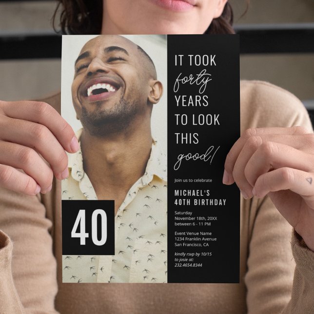 Convite Festa de Aniversário de 40 Preto e Branco Foto  (Criador carregado)