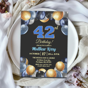 Convite Festa de Aniversário de 42 anos Azul Prata Dourado