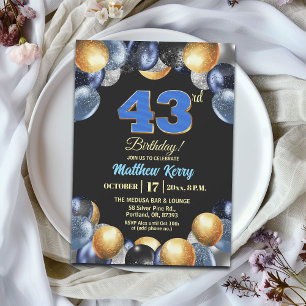 Convite Festa de Aniversário de 43 Anos Azul Prata Dourado
