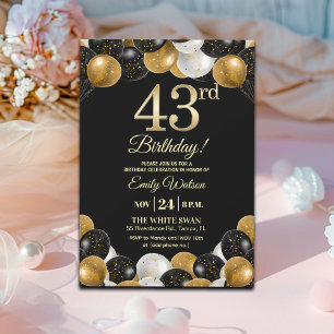 Convite Festa de Aniversário de 43 anos com Brilho Preto e
