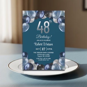 Convite Festa de Aniversário de 48 anos Elegante Azul com