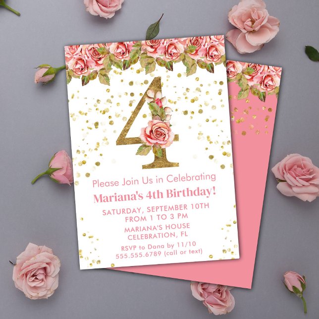Convite Festa de Aniversário de 4 anos com Rosas Rosa Flor (Criador carregado)