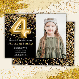 Convite Festa de Aniversário de 4 Anos Menina Preto Dourad
