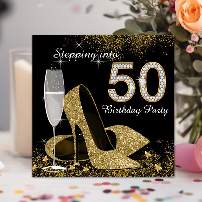 Convite Festa de Aniversário de 50 anos Black and Gold (Beautiful black and gold Stepping into 50th birthday invitation. Simply add your event details.)