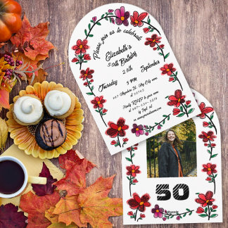Convite Festa de Aniversário de 50 anos Branca com Desenho