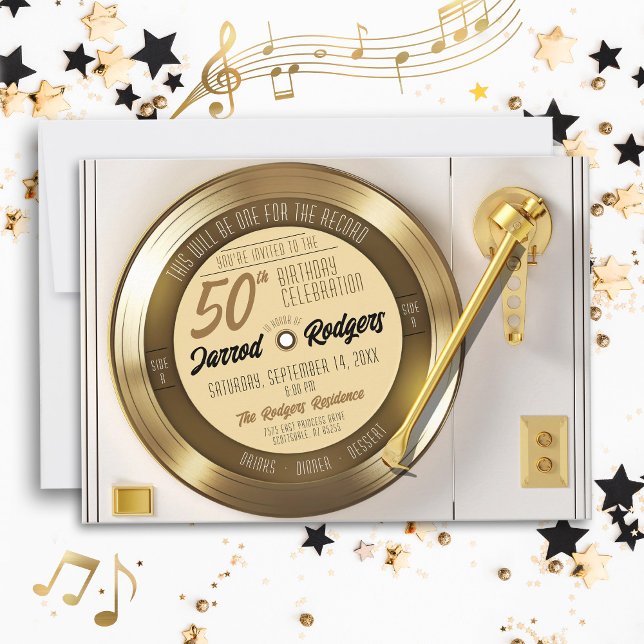 Convite Festa de Aniversário de 50 Anos com Disco de Vinil (Retro vinyl black & gold record player disco solid gold 70's 50th birthday party invitation)
