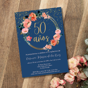 Convite Festa de Aniversário de 50 Anos com Floral Azul El