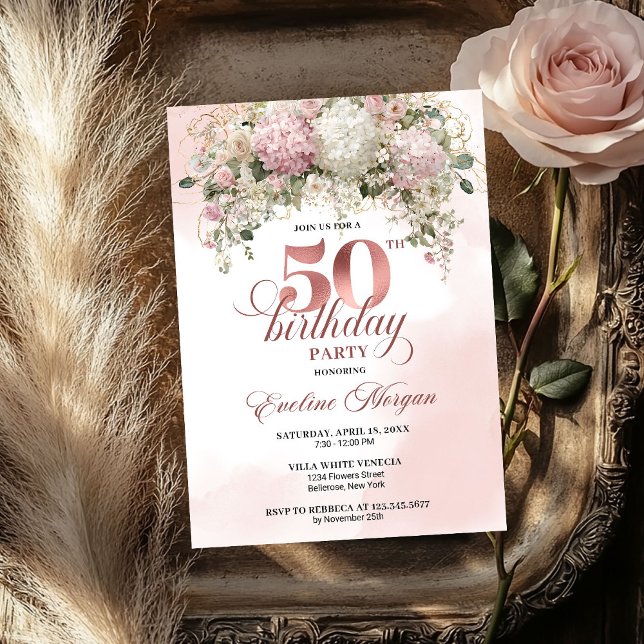 Convite Festa de Aniversário de 50 anos com Flores Rosa Be (Blush Pink Flowers Rose Gold 50th Birthday Party Invitation

)