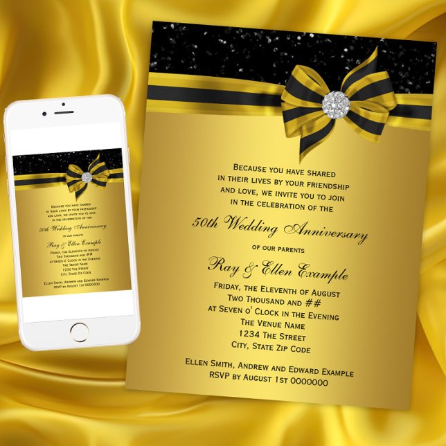 Convite Festa de Aniversário de 50 anos com Laço Preto e D (Elegant Black and Gold Bow 50th Anniversary Party Invitation. Instant download and printed.)