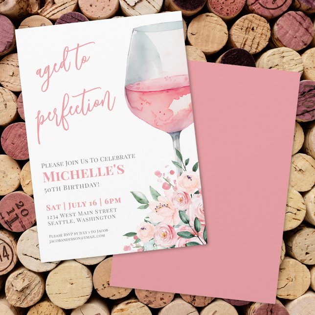 Convite Festa de Aniversário de 50 anos com Vinho Rosa Ele (Wine Floral 50th Birthday Party Invitation)