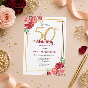 Convite Festa de Aniversário de 50 anos Floral Rosa Elegan