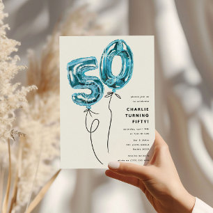 Convite Festa de Aniversário de 50 Anos Minimal Azul Balão