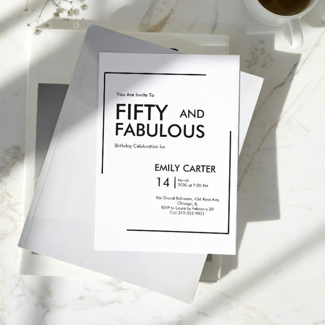 Convite Festa de Aniversário de 50 anos Minimal Fifty e Fa (Minimal Fifty and Fabulous 50th Birthday Party Invitation)