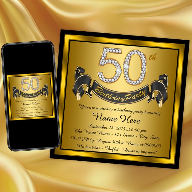 Convite Festa de Aniversário de 50 anos Preto e Dourado (Black and gold 50th birthday invitation. Instant download and printed invitations available.)