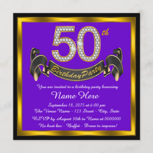 Convite Festa de Aniversário de 50 anos Roxo e Dourado