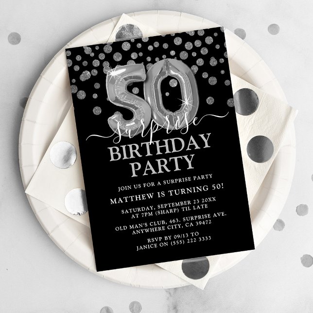 Convite Festa de Aniversário de 50 anos Surpresa Preta e P (Criador carregado)