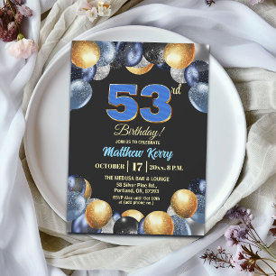 Convite Festa de Aniversário de 53 anos Azul Prata Dourado