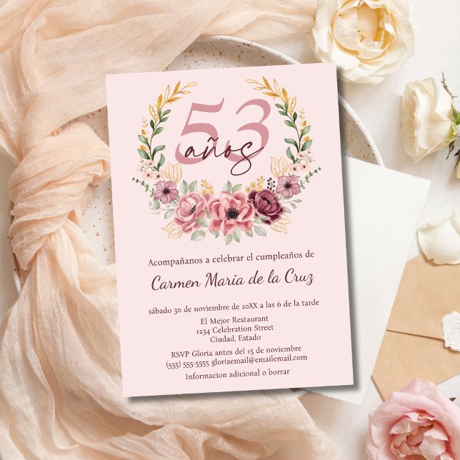 Convite Festa de Aniversário de 53 Anos Rosa Espanhol Flor (Criador carregado)