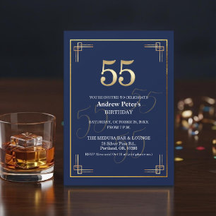 Convite Festa de Aniversário de 55 Anos Azul Elegante Dour