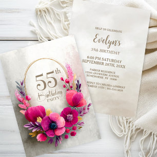 Convite Festa de Aniversário de 55 Anos com Tema Floral Ro