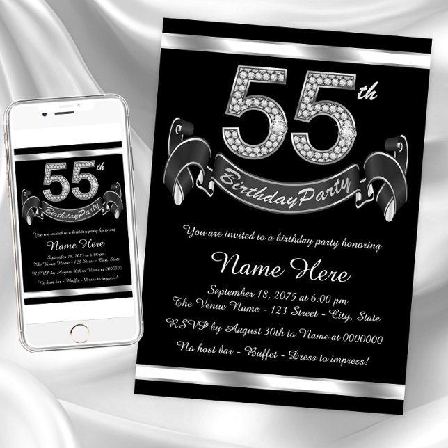 Convite Festa de Aniversário de 55 anos Prata (Classy 55th birthday party invitation. Instant download and printed invitations available.)