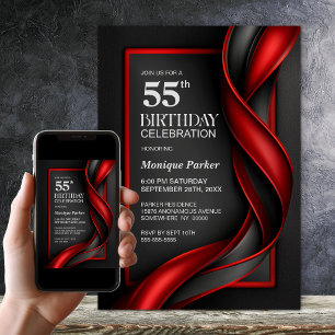 Convite Festa de Aniversário de 55 Anos Preta e Vermelha M