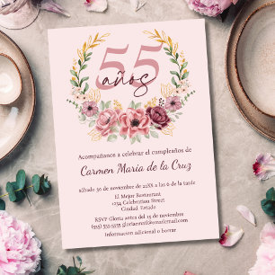 Convite Festa de Aniversário de 55 Anos Rosa Espanhol Flor