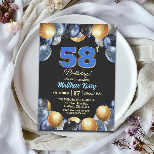 Convite Festa de Aniversário de 58 anos Azul Prata Dourado