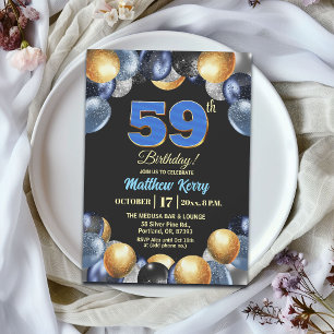 Convite Festa de Aniversário de 59 anos Azul Prata Dourado
